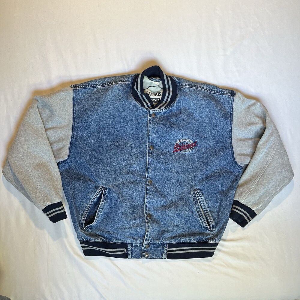 Vintage Levis Varsity Jacket Men’s L Denim Bomber Original Batwing 90s Logo